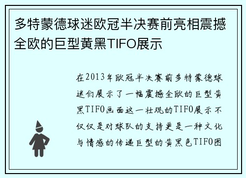 多特蒙德球迷欧冠半决赛前亮相震撼全欧的巨型黄黑TIFO展示